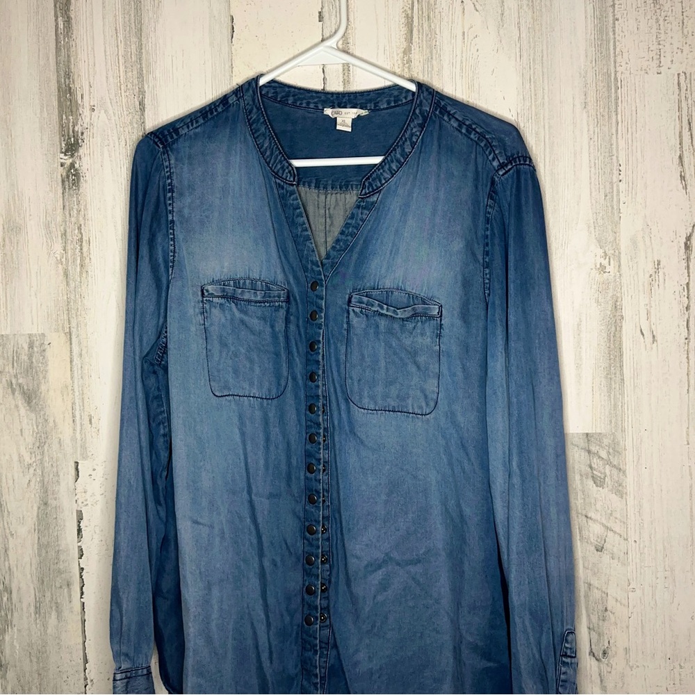 Cato Distressed Stone Washed Chambray Snap Button Shirt